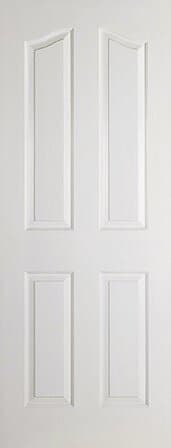 Primed white internal door featuring a four-panel design with raised edges, measuring 1981mm x 610mm x 35mm, suitable for interior use.