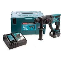 Makita DHR202RT1J 18V SDS+ rotary hammer, teal and black, with 5.0Ah battery, charger, and carrying case.