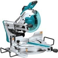 "Makita sliding compound mitre saw with teal accents, laser guide, and 260mm blade on a sturdy base"