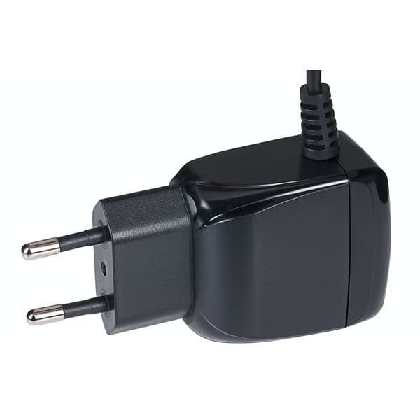 Black plastic EU switching power supply with a 5V DC output, 2 Amp rating, and a 5.5 x 2.1 x 10mm plug, featuring a two-prong design and a flexible cable.