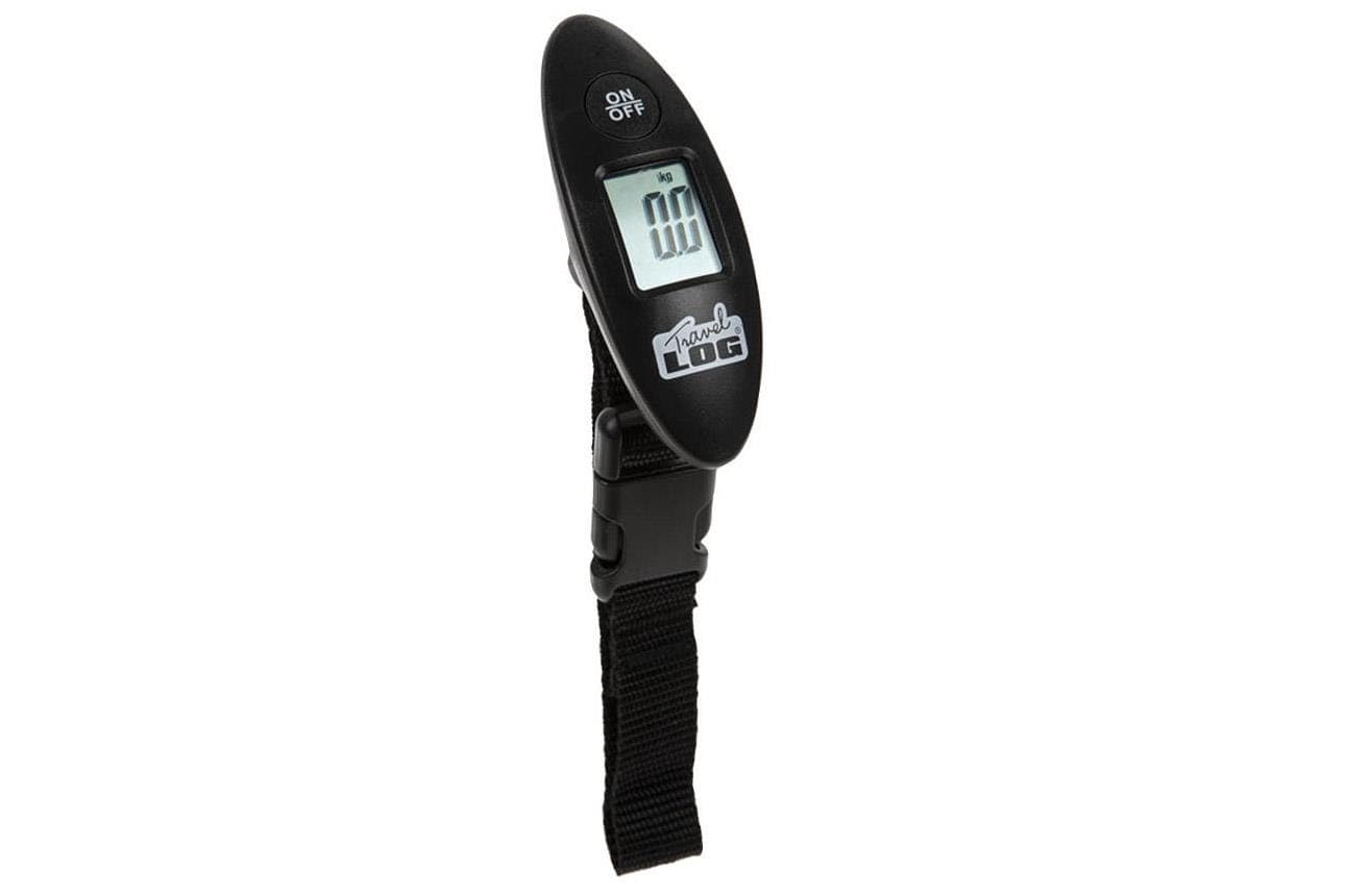 Black digital luggage scale with an LCD display, featuring a strap for weighing up to 35kgs, and an "On/Off" button for easy operation.
