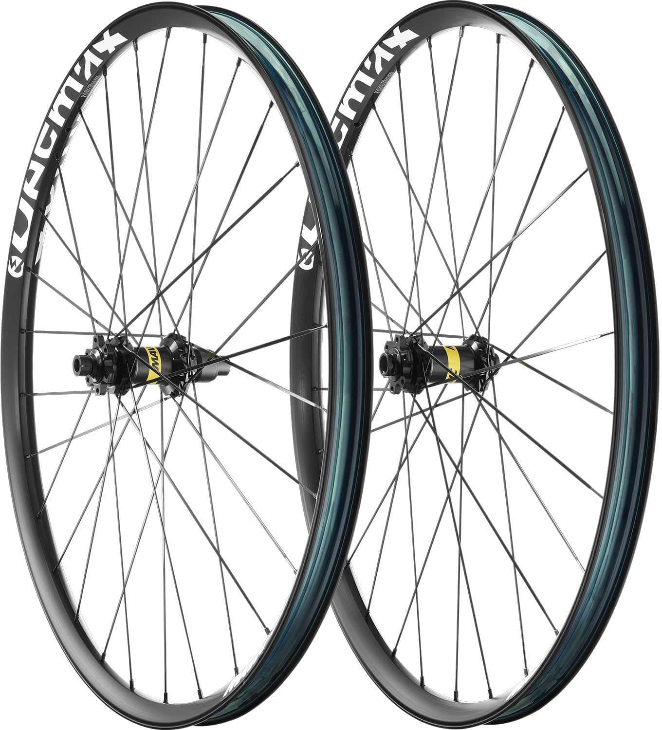 Black Mavic E-Deemax 27.5" wheelset with silver spokes, center lock hubs, and Shimano Micro Spline compatibility.
