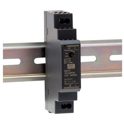 Black metal power adapter with a compact design, featuring input and output terminals, labeled specifications, and a mounting bracket for easy installation on a rail.