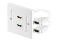 White wall-mounted HDMI socket outlet featuring two HDMI ports with attached cables, designed for easy connectivity and a clean installation.