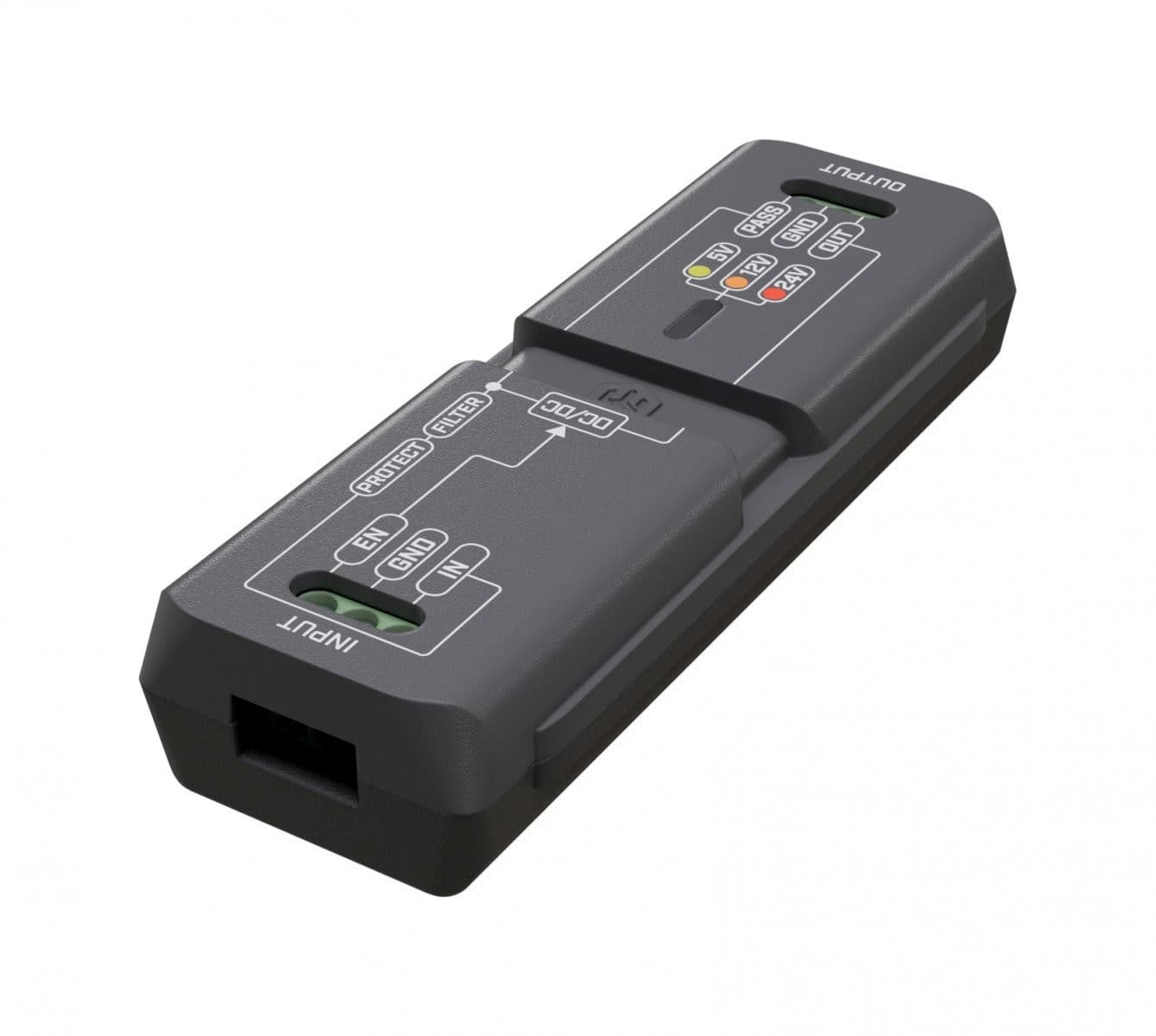 Black Mikrotik APA-1 power adapter with a rectangular design, featuring input/output ports, LED indicators, and labeled connections for easy identification.