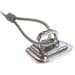 Silver metal security anchor point with a sturdy base and a curved locking mechanism, designed for anti-theft protection.