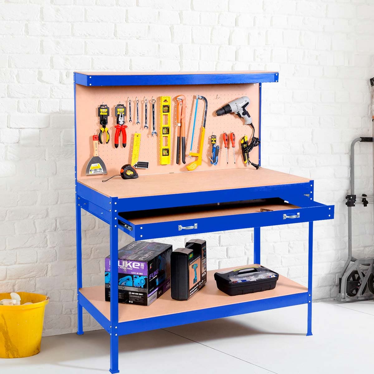 Neo Blue workbench featuring a heavy-duty steel pegboard with assorted tools, a wooden top, and a lower shelf, all supported by a sturdy blue metal frame.