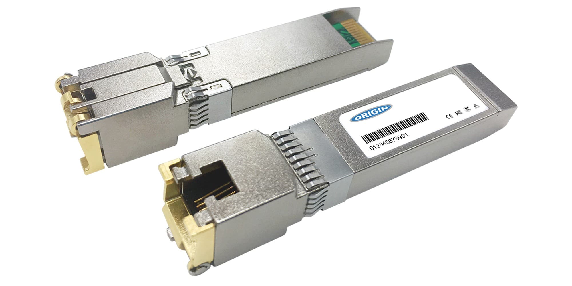 Silver metal transceiver module with dual connectors, featuring a label on one side and a gold-plated interface, designed for HPE Aruba compatibility.