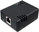 Black rectangular industrial sensor with ventilation grooves, featuring an Ethernet port on one side, designed for monitoring temperature and humidity.