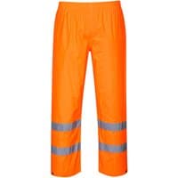 Orange Portwest hi-vis rain trousers with reflective silver bands around the legs, elastic waistband, size M.