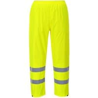 Yellow Portwest hi-vis rain trousers with reflective silver bands around the legs, elastic waistband, and straight fit.