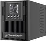 Black PowerWalker VFI 1000 UPS with a digital display, control buttons, and ventilation grilles, designed for double-conversion online power supply, rated at 1 KVA and 900 W.