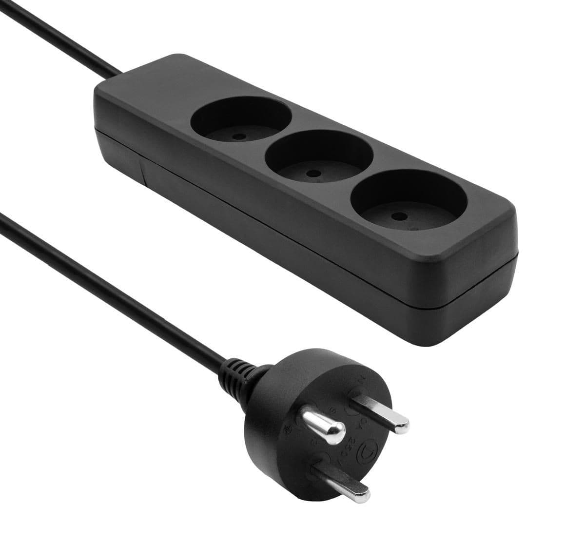 Black plastic power strip with three sockets and a 10-meter cord, featuring a standard plug at one end.
