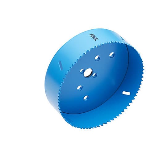 PUNK Bi-metal holesaw in bright blue, measuring 140mm in diameter, featuring sharp serrated edges and multiple holes for easy attachment to a drill.