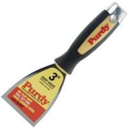 Purdy® 14A900030 Premium Flex Joint Knife features a 75mm stainless steel blade with a flexible edge, a black rubberized handle, and a yellow and red label indicating its size.