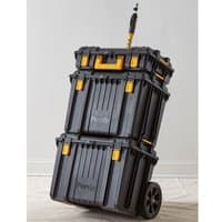 Black Purdy storage box with yellow accents, stackable design, telescopic handle, and wheels for easy transport.
