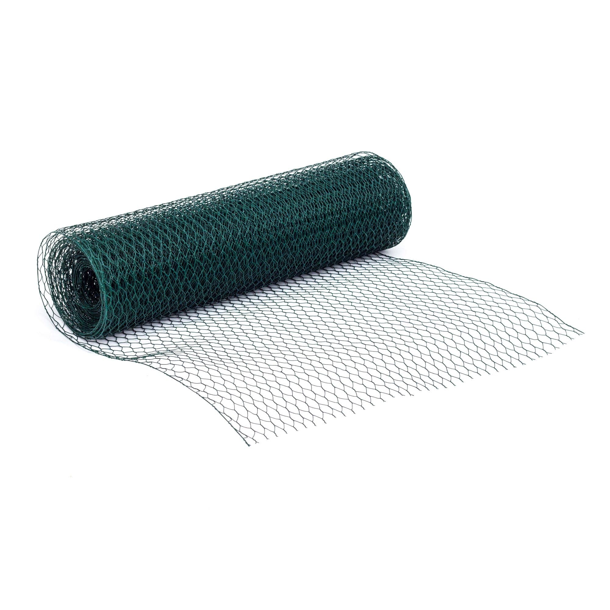 Green PVC wire netting roll, measuring 1000mm x 10m with a 50mm mesh size, partially unrolled to show its flexible, durable material and hexagonal pattern.