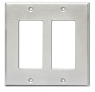 Stainless steel double cover plate with a brushed finish, featuring two rectangular openings and four mounting holes for secure installation.