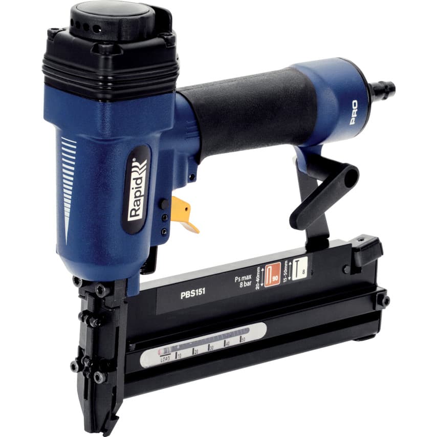 Rapid 5000103 PBS151 Pneumatic Combi Nailer/Stapler features a blue and black design, a rubber grip handle, and adjustable depth settings for precise fastening.