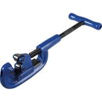 Blue Record 202 pipe cutter with adjustable handle, T-shaped grip, and sharp cutting wheel for metal pipes.
