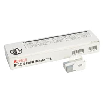 Ricoh 411241/TYPE L staples pack, featuring a white box with blue and gray staples, designed for Ricoh Aficio 1060/2, capable of stapling 4x2,000 pages.