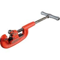 Red Ridgid heavy-duty adjustable pipe cutter with T-handle and silver cutting wheel assembly.