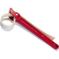 Red Ridgid strap wrench with a long handle and beige adjustable strap for gripping pipes and cylindrical objects.