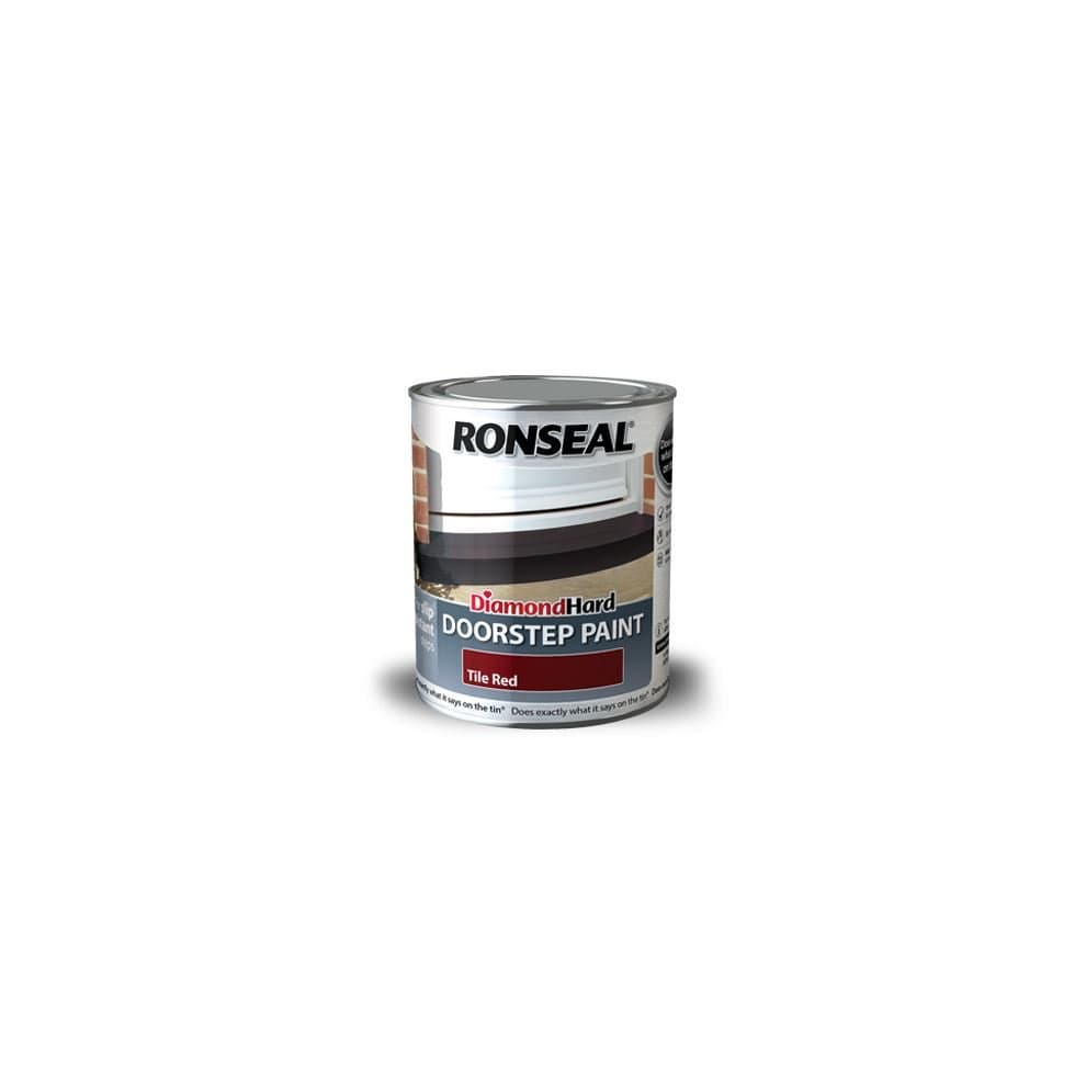 Ronseal Diamond Hard Doorstep Paint in Tile Red, 750ml tin, featuring a glossy finish and durable design for outdoor surfaces.