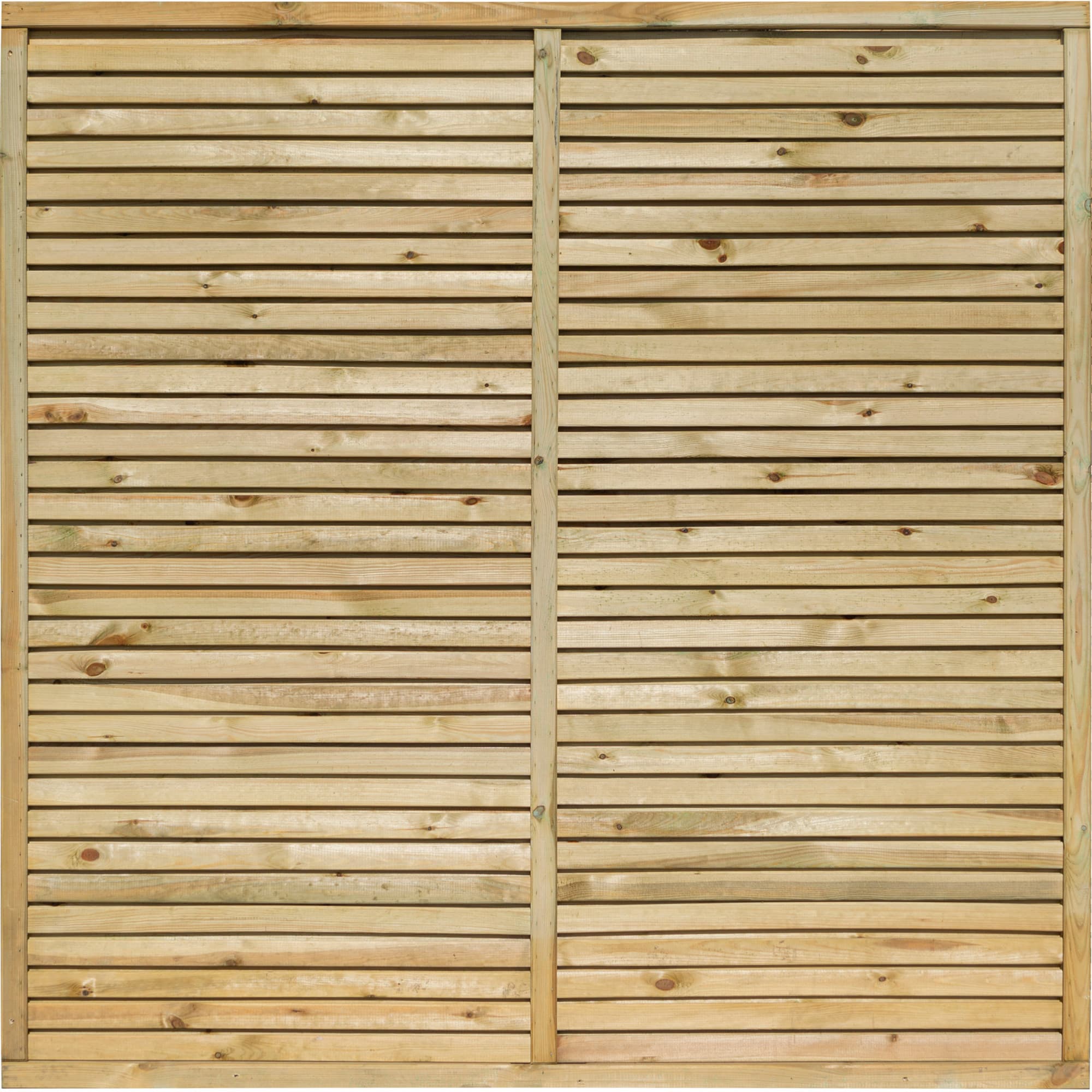 Brown wooden screen featuring horizontal slats, designed for privacy and contemporary aesthetics, measuring 6' x 6' by Rowlinson.