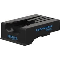 Black Scangrip CONNECT Festool Smart Battery Connector with blue logo and grooved top surface.