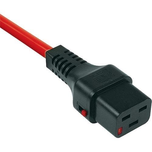 Red PVC power cable featuring a C20-C19 locking connector with a black housing and a red switch, designed for secure electrical connections.