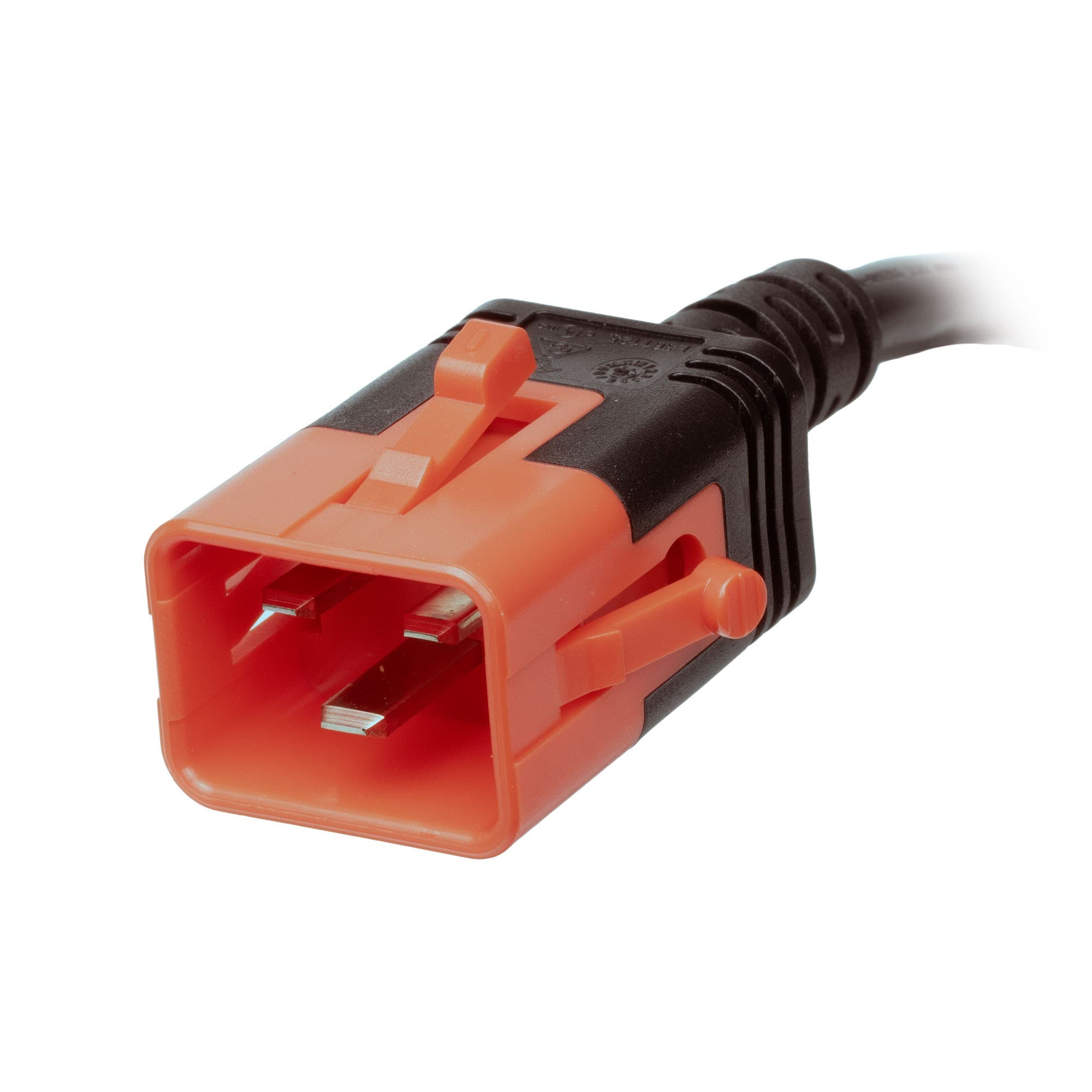 Black PVC power cable with a 2-meter length, featuring a C20 connector with an orange locking mechanism and three metal prongs.