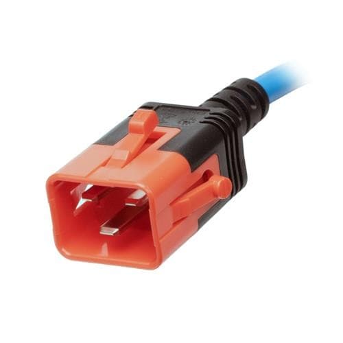 Orange and black C20-C19 D-Lock connector with a blue PVC cable, featuring two metal prongs, designed for secure electrical connections.