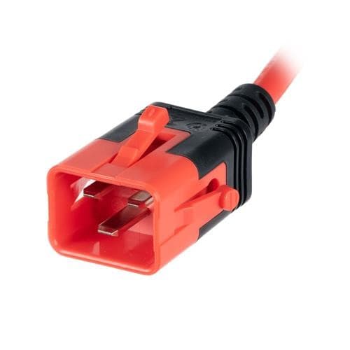 Red and black PVC power cable with a C20 connector, featuring a locking mechanism and 1.5mm thickness, designed for secure electrical connections.