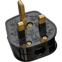 Black Scolm UK mains plug 13A BS1363 with three brass prongs and embossed safety markings.