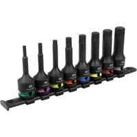 Sealey 1/2" Drive Impact Spline Socket Bit Set with black sockets, color-coded rings, and a black storage rail.