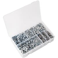 Sealey 1010 piece spring washer assortment in a clear plastic organizer with multiple compartments.