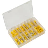 Clear plastic box with 140 yellow crimp terminals in assorted shapes and sizes, organized in compartments.