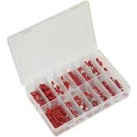 Sealey 260 Piece Red Crimp Terminal Assortment in a clear plastic organizer with multiple compartments.