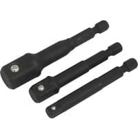 Black Sealey 3 Piece Impact Socket Adaptor Set with hex shanks and square drive ends in varying lengths.