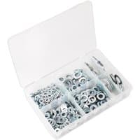 Sealey 495 piece flat washer assortment in clear plastic case with multiple compartments containing silver washers.