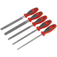 Sealey 5 Piece Engineers File Set with red and black ergonomic handles and metal file blades in various shapes.