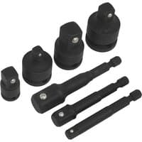 Black Sealey 7 Piece Impact Socket Adaptor Set with various sizes, featuring square drive ends and durable finish.