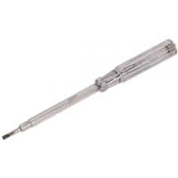 Clear plastic-handled Sealey mains tester with metal probe and flathead tip, 190mm length.