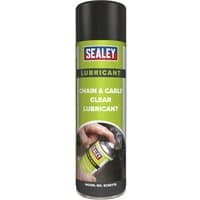 Sealey Chain and Cable Lubricant Clear, green and black spray can with Sealey logo and image of hand using the product.