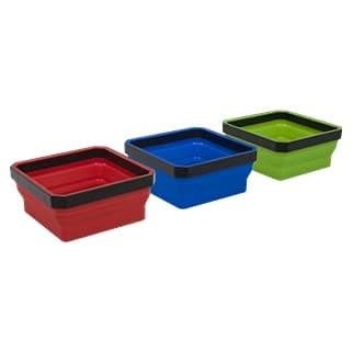 Three collapsible parts trays in red, blue, and green, featuring a black rim, made from durable plastic, designed for organizing small parts with a magnetic base.