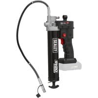 Black Sealey 20v cordless grease gun with flexible hose, ergonomic grip, and red trigger button.