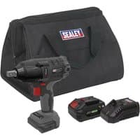Black and gray Sealey cordless impact wrench with 20V battery, charger, and black carrying bag.