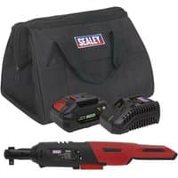 Sealey cordless ratchet wrench kit with red and black handle, battery, charger, and black carrying bag.