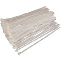 White Sealey cable ties 200x4.8mm, pack of 100, with smooth surface and locking teeth at one end.